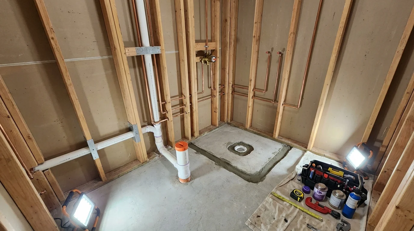 Bathroom rough-in plumbing during remodel by Johns Plumbing LLC in Long Valley