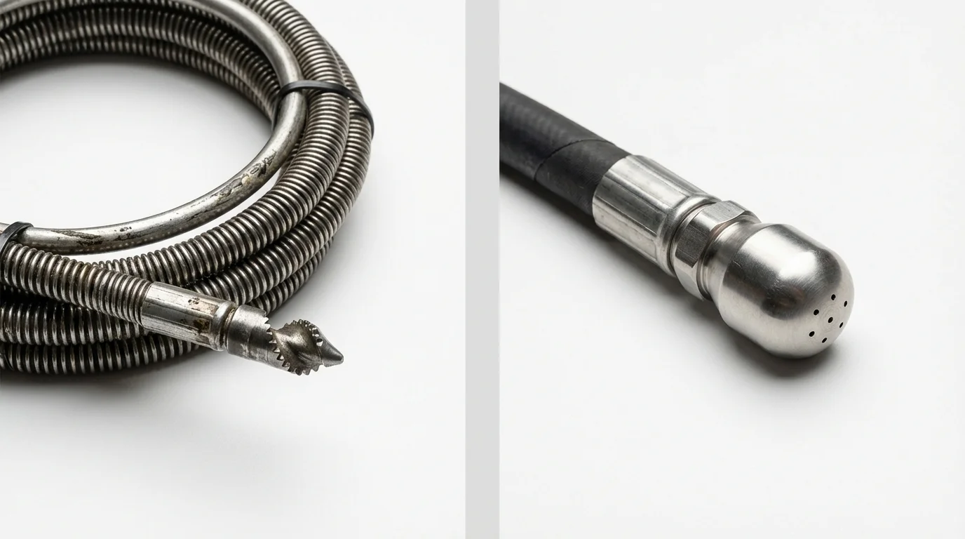 Drain snake cable and hydro jetting nozzle used for drain cleaning in Long Valley, NJ