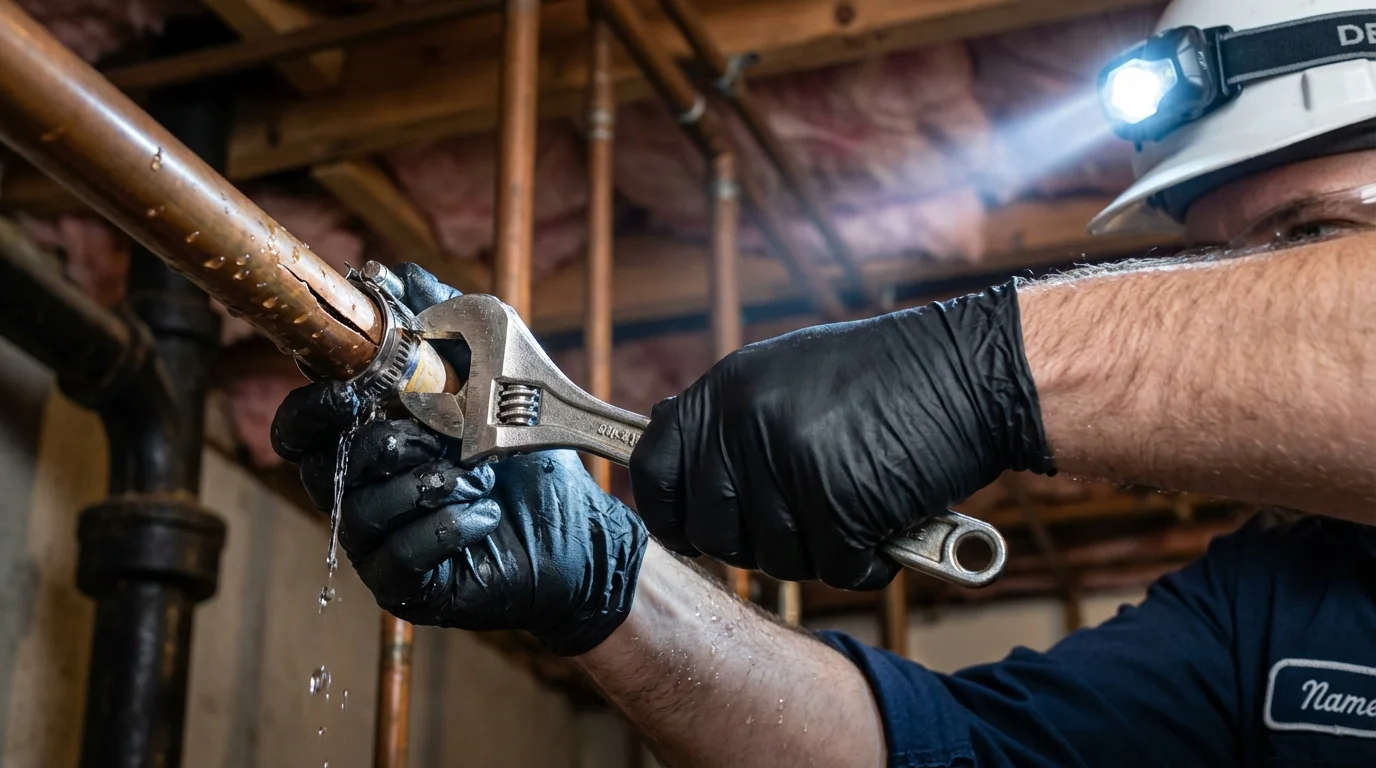 Emergency pipe clamp repair being performed by a Johns Plumbing LLC plumber in Long Valley