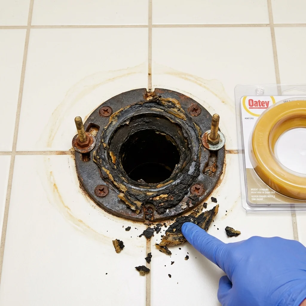 Failed wax ring showing water seepage at the base of a toilet in a Long Valley, NJ home