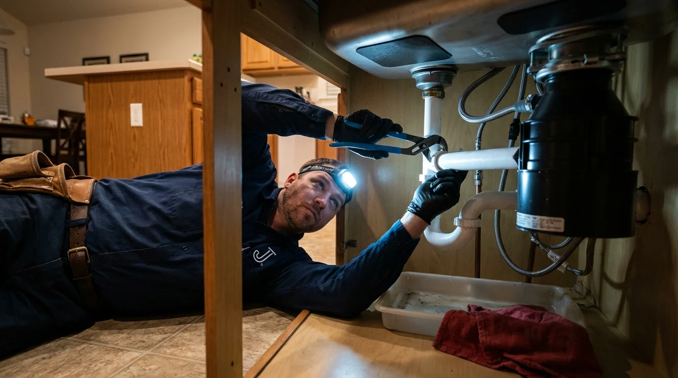 P-trap and supply line connections under a kitchen sink showing a common leak point in Long Valley, NJ